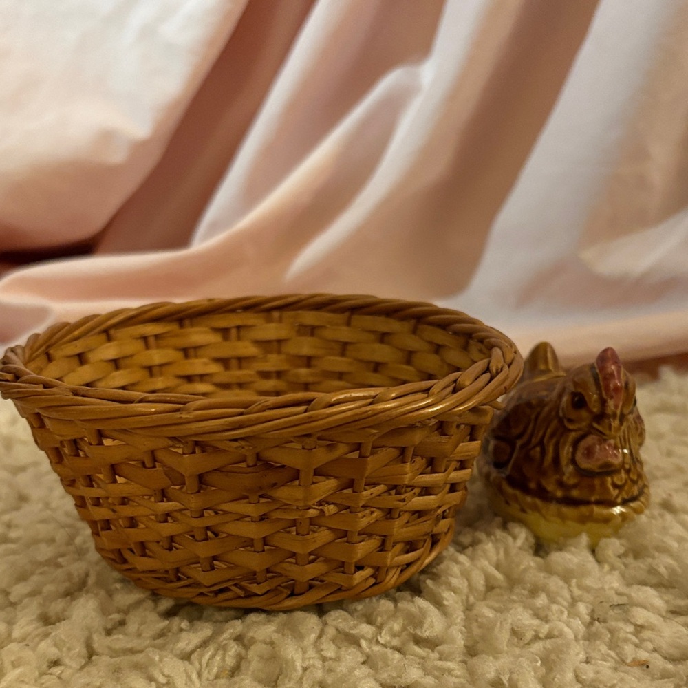 Woven Basket with Chicken Figurine - Brown